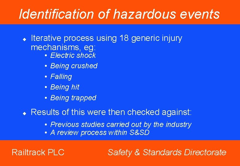 Identification of hazardous events u Iterative process using 18 generic injury mechanisms, eg: •