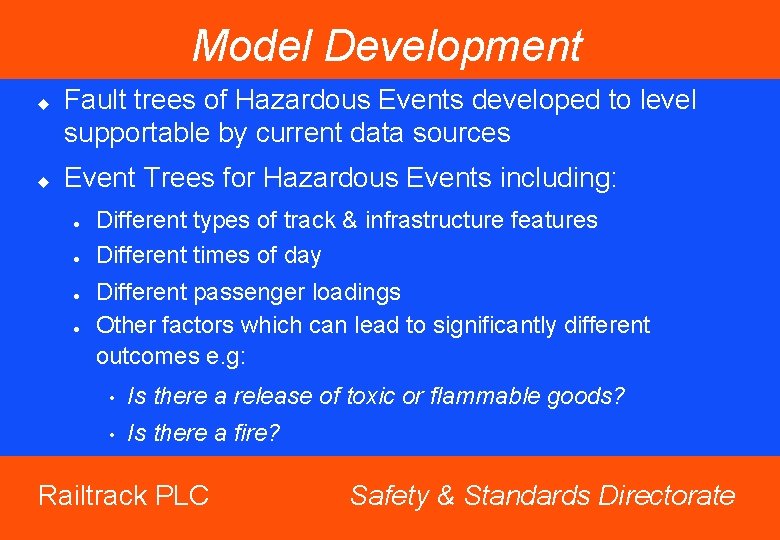 Model Development u u Fault trees of Hazardous Events developed to level supportable by