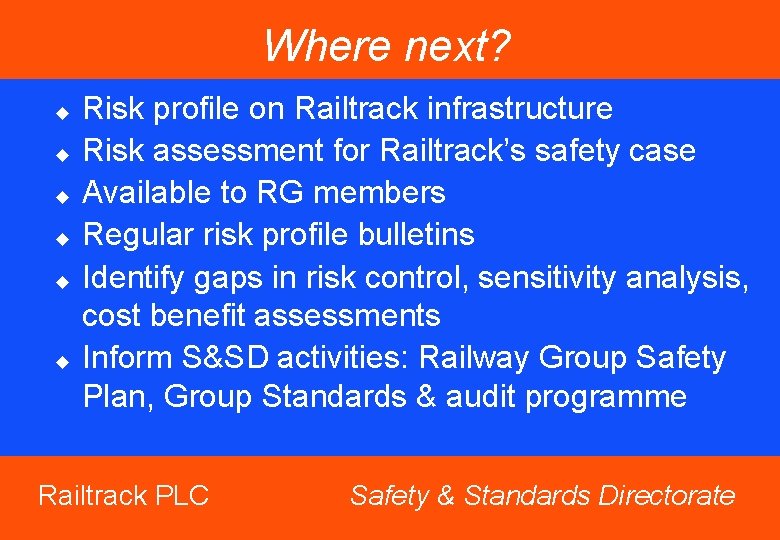 Where next? u u u Risk profile on Railtrack infrastructure Risk assessment for Railtrack’s