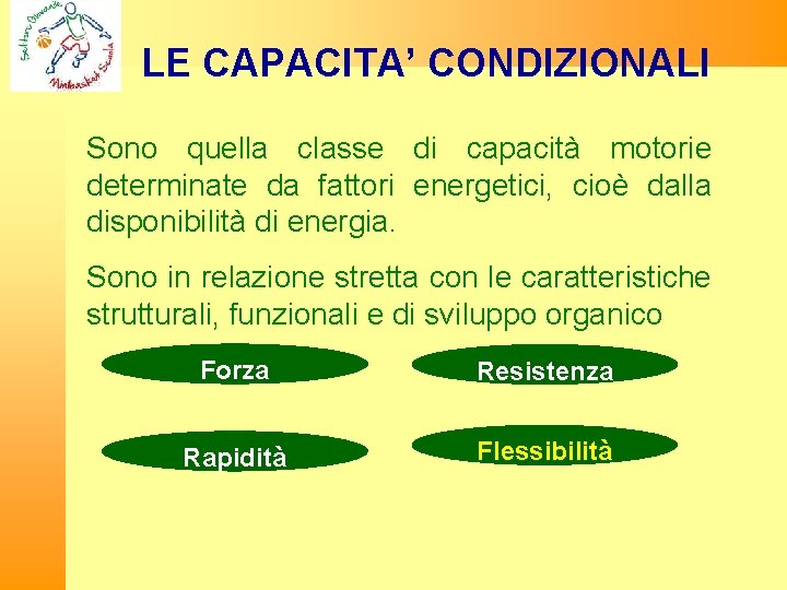 LE CAPACITA’ CONDIZIONALI Sono quella classe di capacità motorie determinate da fattori energetici, cioè