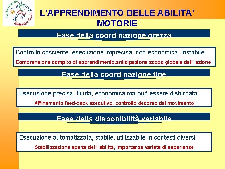L’APPRENDIMENTO DELLE ABILITA’ MOTORIE Fase della coordinazione grezza Controllo cosciente, esecuzione imprecisa, non economica,