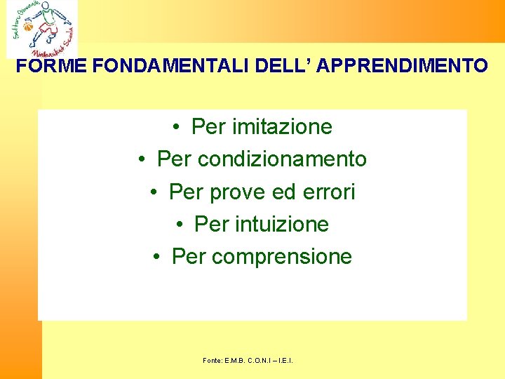 FORME FONDAMENTALI DELL’ APPRENDIMENTO • Per imitazione • Per condizionamento • Per prove ed