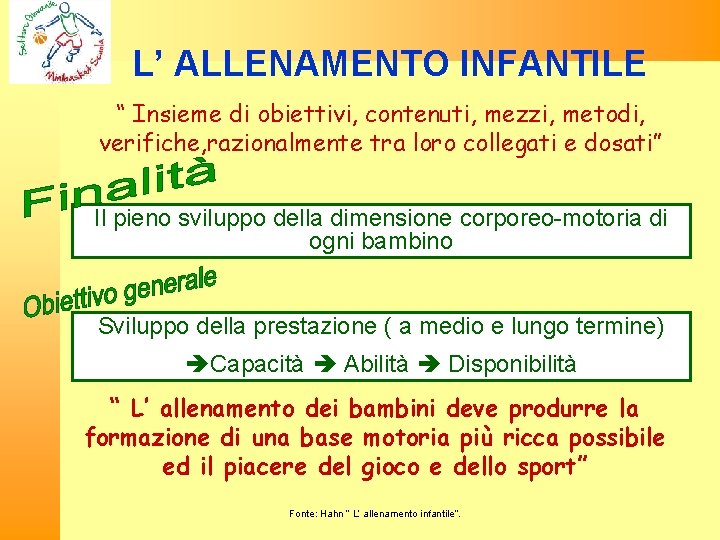 L’ ALLENAMENTO INFANTILE “ Insieme di obiettivi, contenuti, mezzi, metodi, verifiche, razionalmente tra loro