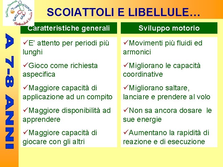 SCOIATTOLI E LIBELLULE… Caratteristiche generali Sviluppo motorio E’ attento periodi più lunghi Movimenti più