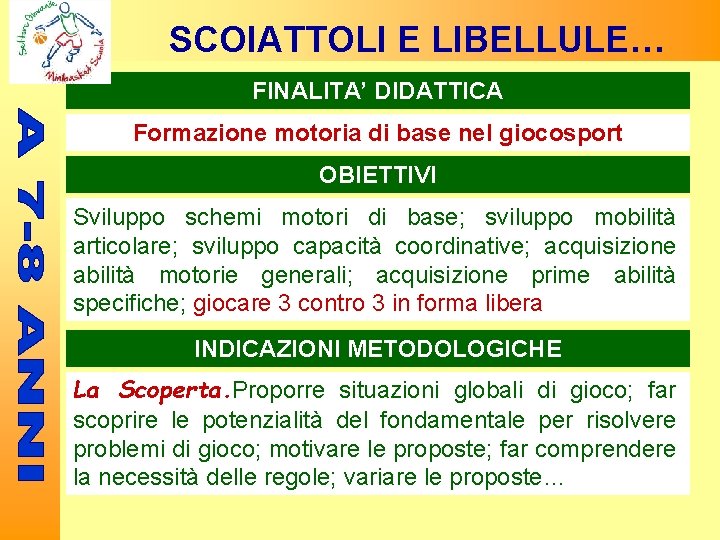 SCOIATTOLI E LIBELLULE… FINALITA’ DIDATTICA Formazione motoria di base nel giocosport OBIETTIVI Sviluppo schemi