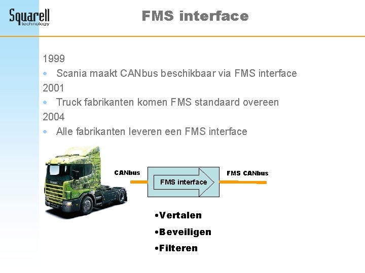 FMS interface 1999 · Scania maakt CANbus beschikbaar via FMS interface 2001 · Truck