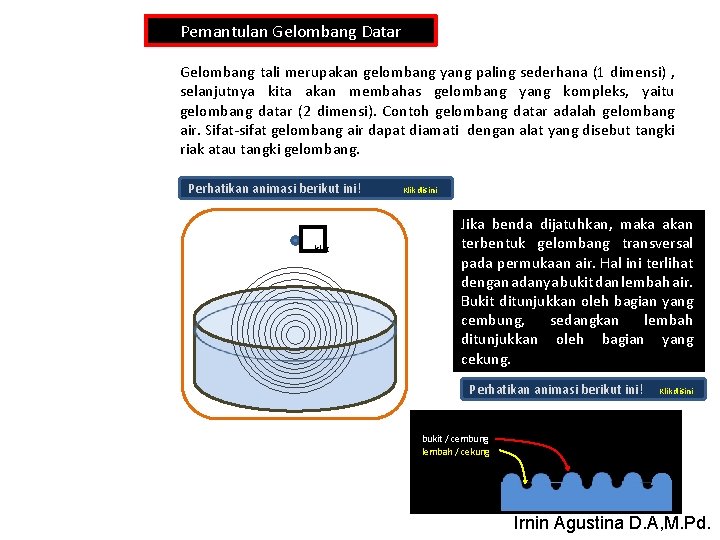 Pemantulan Gelombang Datar Gelombang tali merupakan gelombang yang paling sederhana (1 dimensi) , selanjutnya