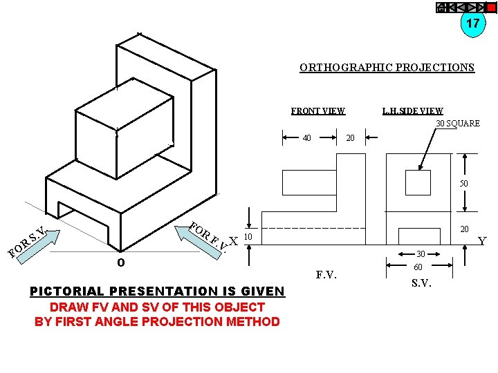 17 ORTHOGRAPHIC PROJECTIONS FRONT VIEW 40 L. H. SIDE VIEW 30 SQUARE 20 50