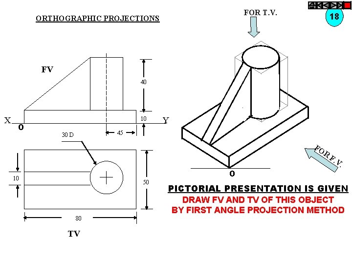 FOR T. V. ORTHOGRAPHIC PROJECTIONS 18 FV 40 X O 10 Y 45 30