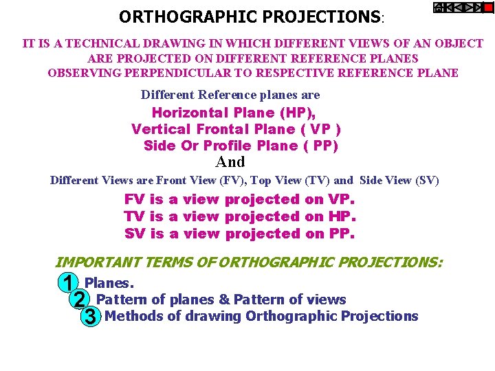 ORTHOGRAPHIC PROJECTIONS: IT IS A TECHNICAL DRAWING IN WHICH DIFFERENT VIEWS OF AN OBJECT