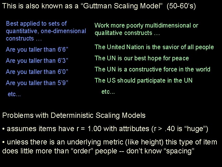 This is also known as a “Guttman Scaling Model” (50 -60’s) Best applied to