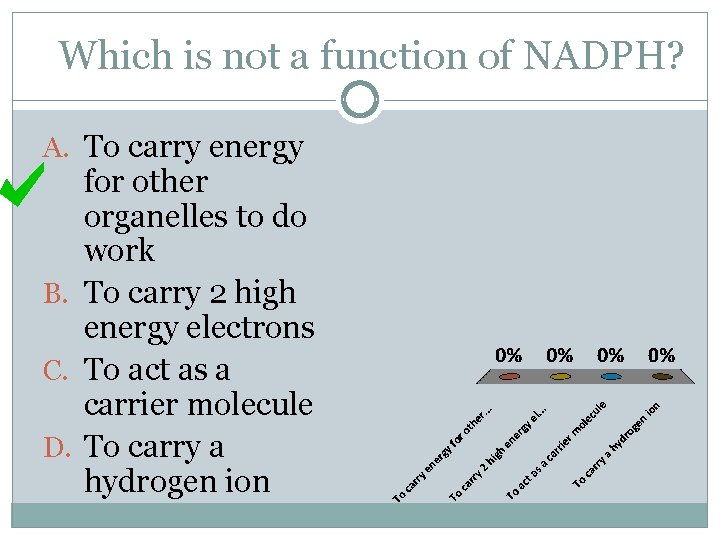Which is not a function of NADPH? A. To carry energy for other organelles