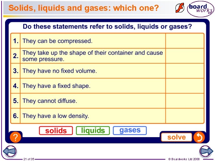 Solids, liquids and gases: which one? 21 of 35 © Boardworks Ltd 2008 