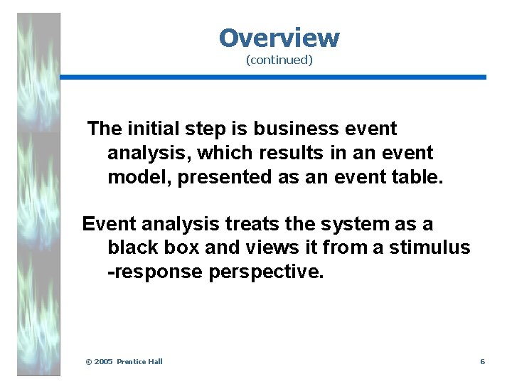 Overview (continued) The initial step is business event analysis, which results in an event