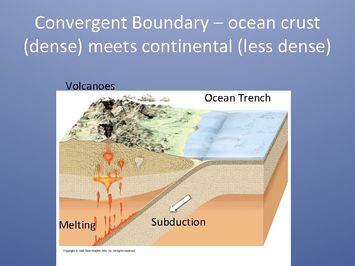 Convergent Boundary – ocean crust (dense) meets continental (less dense) Volcanoes Melting Ocean Trench
