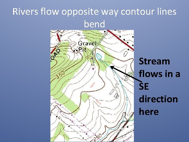 Rivers flow opposite way contour lines bend Stream flows in a SE direction here