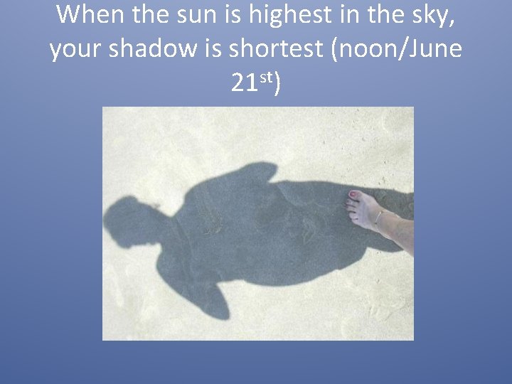 When the sun is highest in the sky, your shadow is shortest (noon/June 21