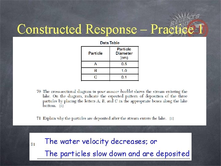 Constructed Response – Practice 1 The water velocity decreases; or The particles slow down