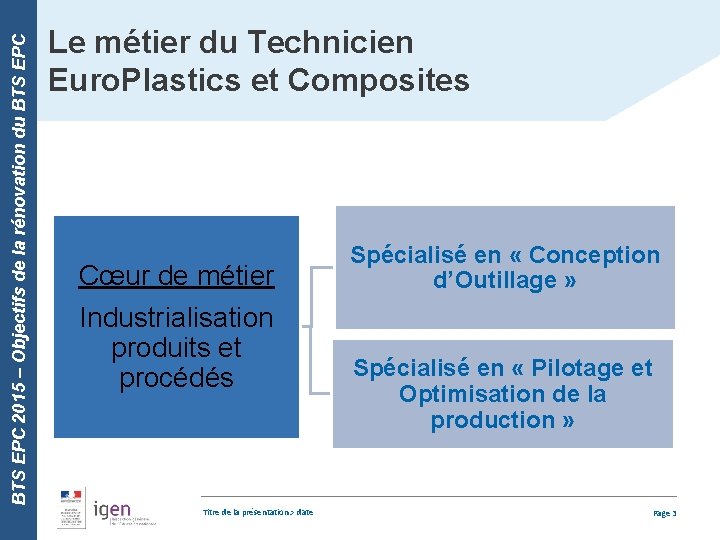 BTS EPC 2015 – Objectifs de la rénovation du BTS EPC Le métier du