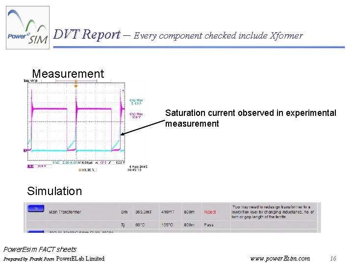 DVT Report – Every component checked include Xformer Measurement Saturation current observed in experimental