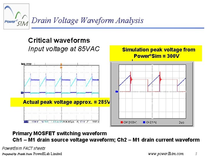 Drain Voltage Waveform Analysis Critical waveforms Input voltage at 85 VAC Simulation peak voltage