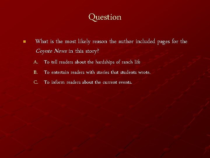 Question n What is the most likely reason the author included pages for the