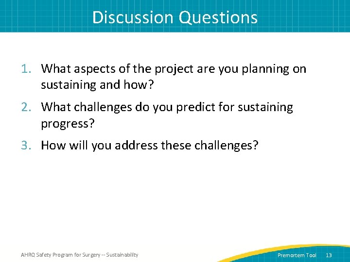 Discussion Questions 1. What aspects of the project are you planning on sustaining and