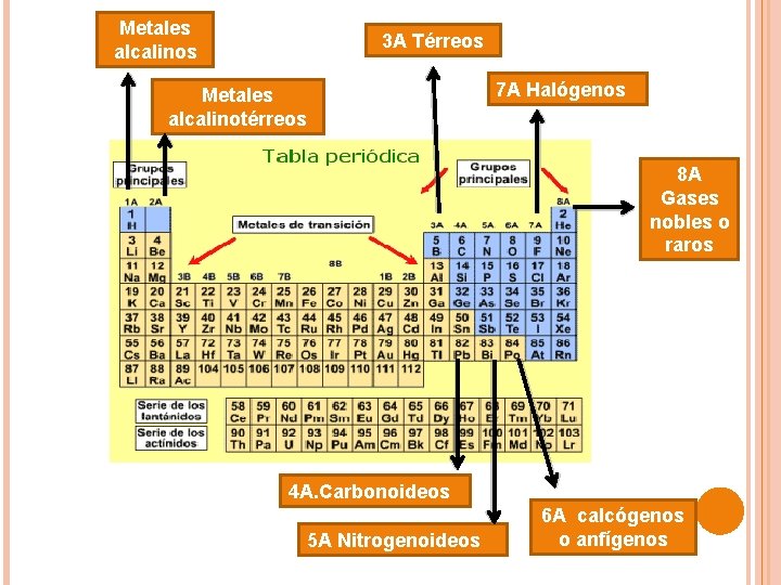 Metales alcalinos 3 A Térreos Metales alcalinotérreos 7 A Halógenos 8 A Gases nobles