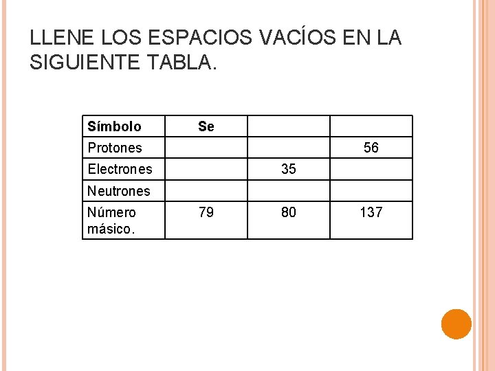 LLENE LOS ESPACIOS VACÍOS EN LA SIGUIENTE TABLA. Símbolo Se Protones 56 Electrones 35