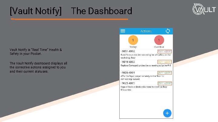 [Vault Notify] The Dashboard Vault Notify is “Real Time” Health & Safety in your