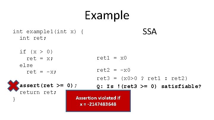 Example SSA int example 1(int x) { int ret; if (x > 0) ret