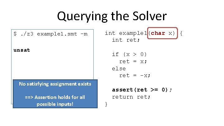 Querying the Solver $. /z 3 example 1. smt –m int example 1(char x)