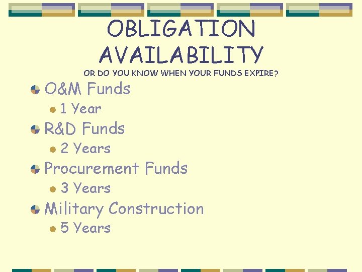 OBLIGATION AVAILABILITY OR DO YOU KNOW WHEN YOUR FUNDS EXPIRE? O&M Funds l 1