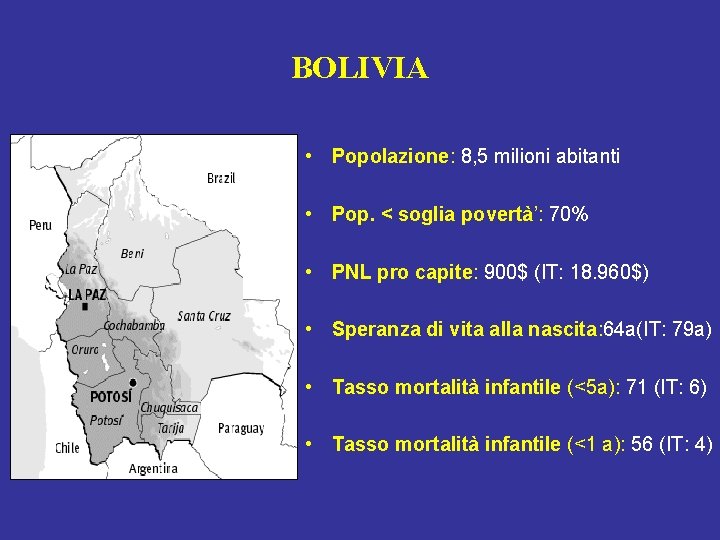 BOLIVIA • Popolazione: 8, 5 milioni abitanti • Pop. < soglia povertà’: 70% •