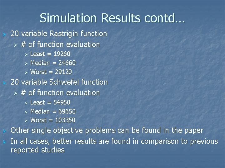 Simulation Results contd… Ø 20 variable Rastrigin function Ø # of function evaluation Ø