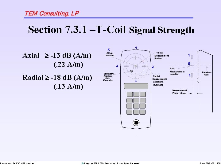 Section 7. 3. 1 –T-Coil Signal Strength Axial -13 d. B (A/m) (. 22