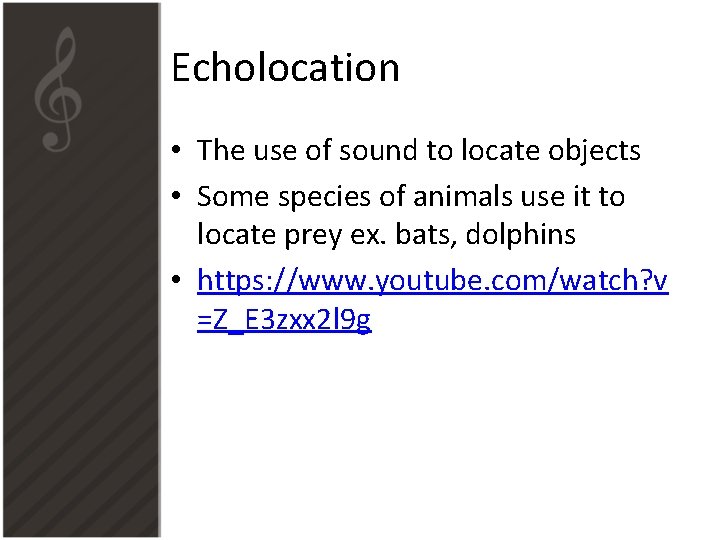 Echolocation • The use of sound to locate objects • Some species of animals Echolocation • The use of sound to locate objects • Some species of animals
