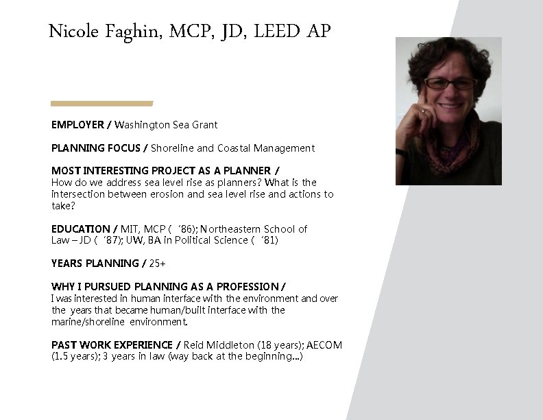 Nicole Faghin, MCP, JD, LEED AP EMPLOYER / Washington Sea Grant PLANNING FOCUS /