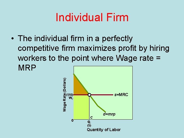 Individual Firm Wage Rate (Dollars) • The individual firm in a perfectly competitive firm