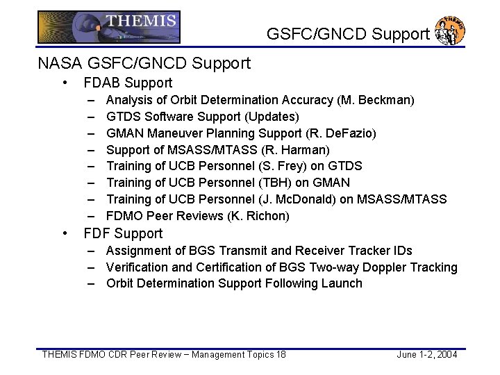 GSFC/GNCD Support NASA GSFC/GNCD Support • FDAB Support – – – – • Analysis