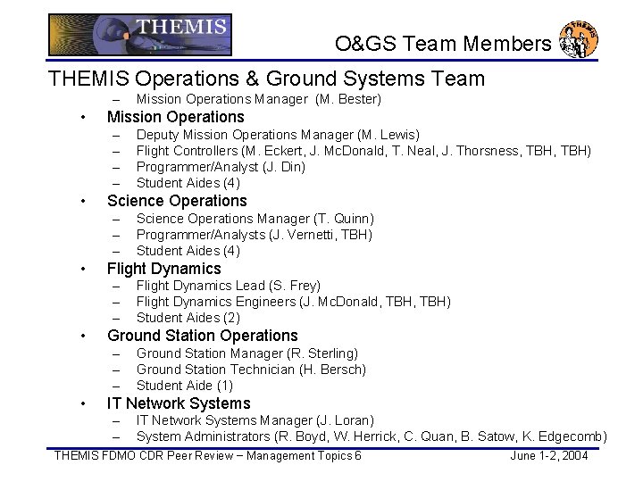 O&GS Team Members THEMIS Operations & Ground Systems Team – • Mission Operations –