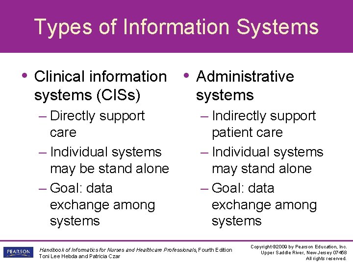 Types of Information Systems • Clinical information • Administrative systems (CISs) – Directly support