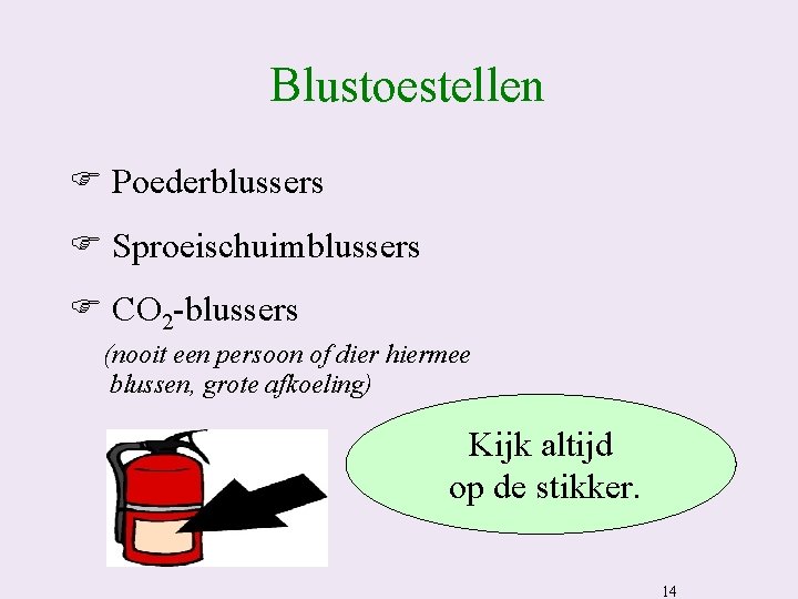 Blustoestellen F Poederblussers F Sproeischuimblussers F CO 2 -blussers (nooit een persoon of dier