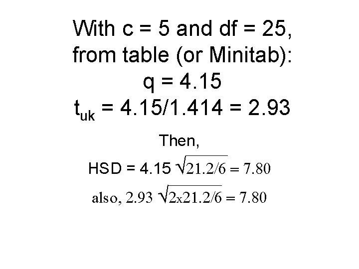 With c = 5 and df = 25, from table (or Minitab): q =