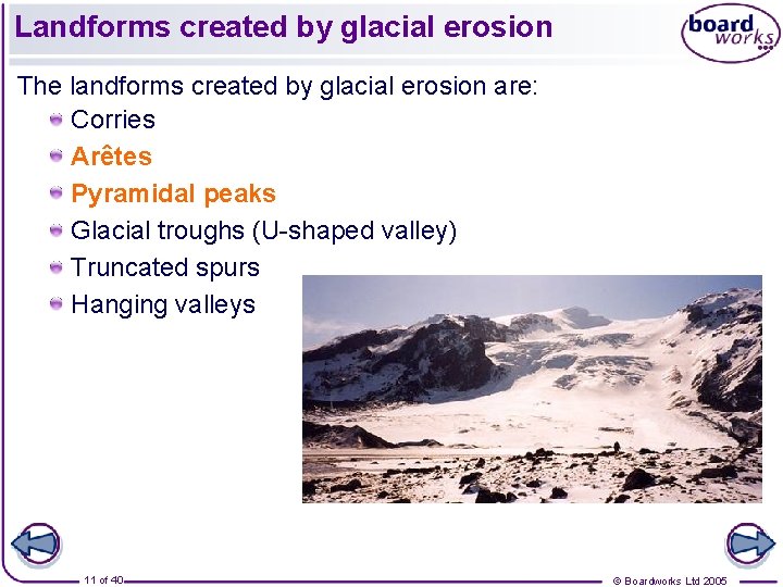 Landforms created by glacial erosion The landforms created by glacial erosion are: Corries Arêtes