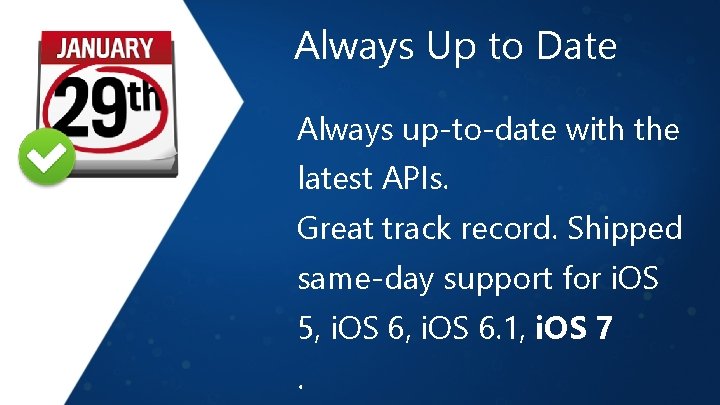 Always Up to Date Always up-to-date with the latest APIs. Great track record. Shipped
