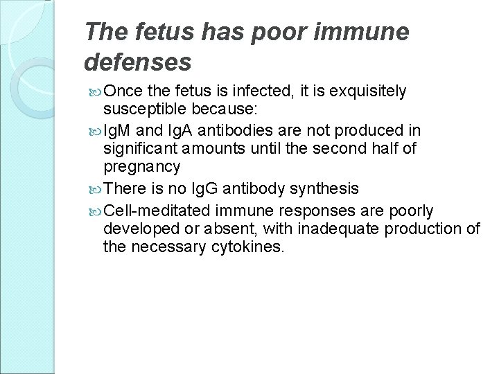 The fetus has poor immune defenses Once the fetus is infected, it is exquisitely