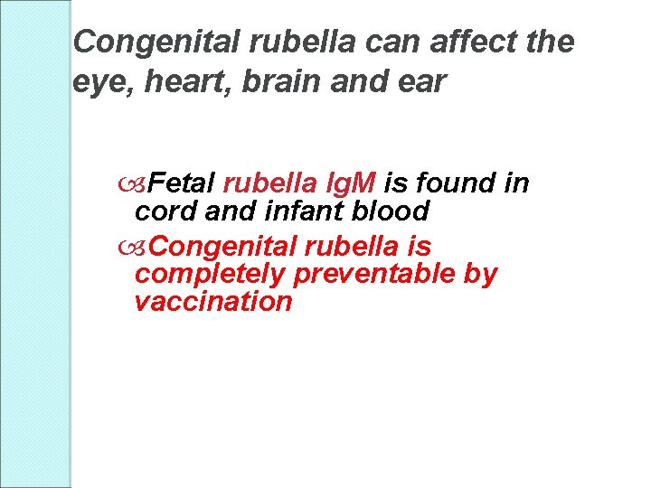 Congenital rubella can affect the eye, heart, brain and ear Fetal rubella Ig. M
