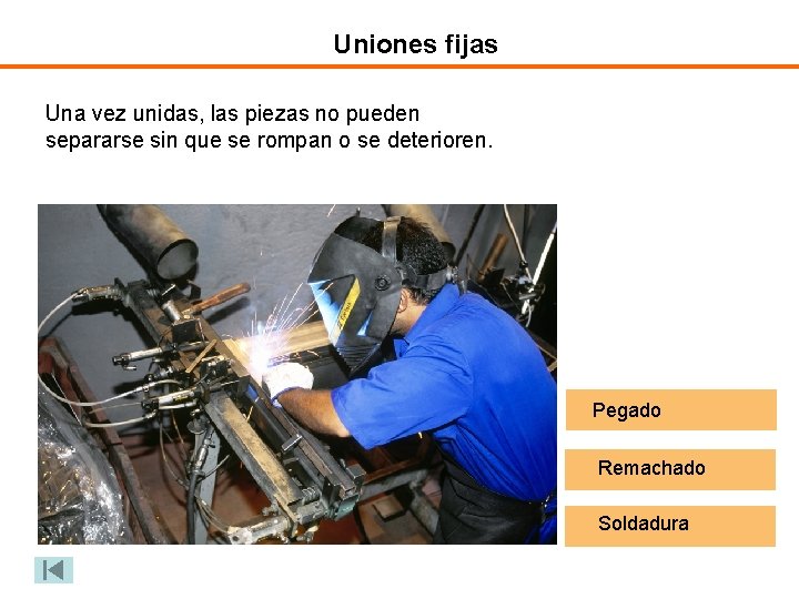 Uniones fijas Una vez unidas, las piezas no pueden separarse sin que se rompan