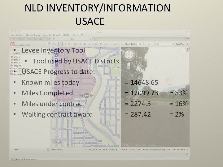 NLD INVENTORY/INFORMATION USACE • Levee Inventory Tool • Tool used by USACE Districts •